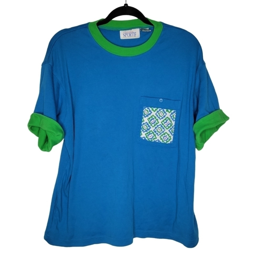 Vintage 80s American Sportif Double Layered Pocket Tee T-Shirt Blue Green - Picture 1 of 5